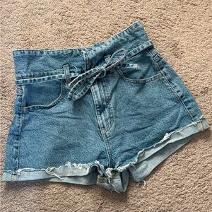 Garage High-Waist Denim Tie-Belt Shorts - Blue